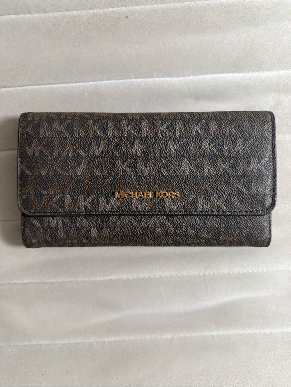 Michael Kors Brown Logo-Print Continental Wallet with Gold Hardware